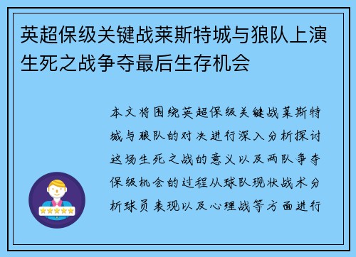 英超保级关键战莱斯特城与狼队上演生死之战争夺最后生存机会