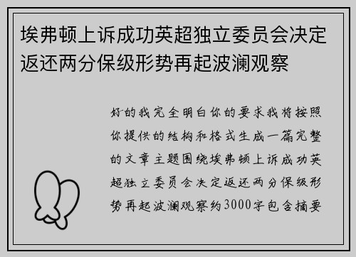 埃弗顿上诉成功英超独立委员会决定返还两分保级形势再起波澜观察 埃弗顿上诉成功英超独立委员会决定返还两分保级形势再起波澜观察
